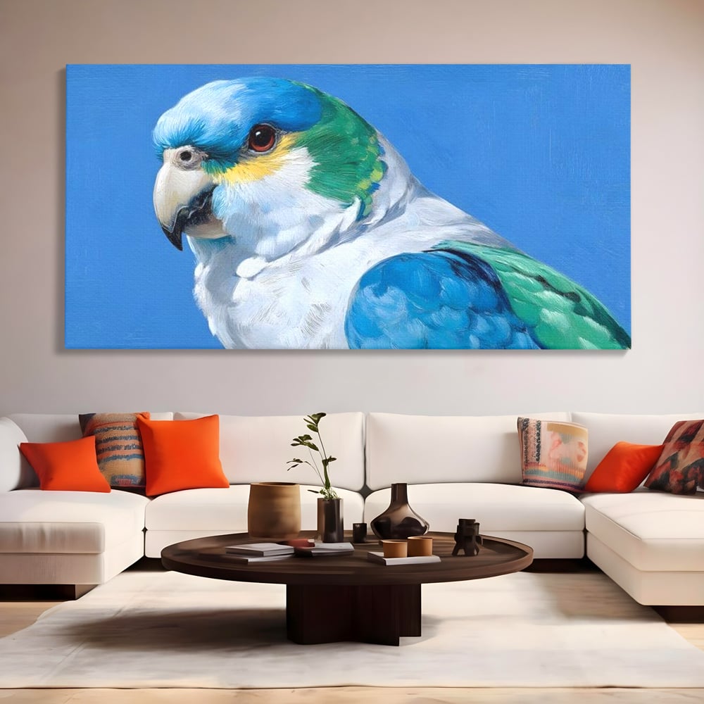 Tablou canvas cu tablou canvas cu portret de papagal, fara rama, pe sasiu de lemn, pe perete intr-un living